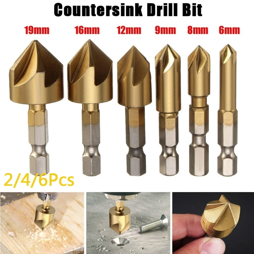HSS Titanium Countersink Deburring Chamfering Drill 5 Flute Countersink Drill Bit Set 90 Degree Counter Sink Chamfer Cutter