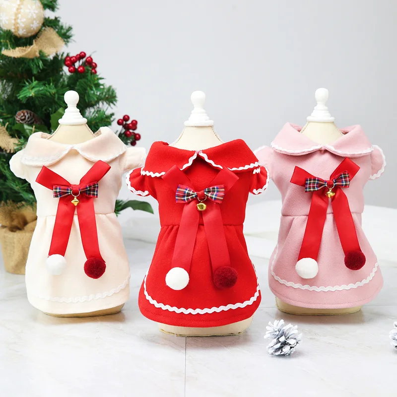 Woolen Dress Autumn Winter Princess Skirt Christmas Small Dog Clothes Cute Bow Kitten Puppy Coat Holiday Sweater Poodle Yorkie