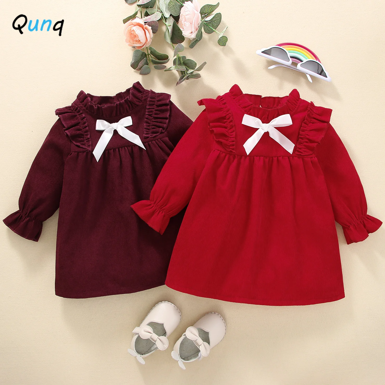 

Qunq Girls' Ins Wind Autumn And Winter New Antern Sleeve Solid Bow Flounces Lovely Princess Dress Casual Kids Clothes Age 1T-3T