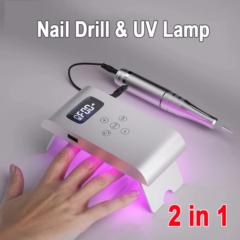 2 in 1 Electric Nail Drill Machine UV LED Nail Lamp 35000RPM Portable Rechargeable Cordless Nail Drill Professional Gel Dryer