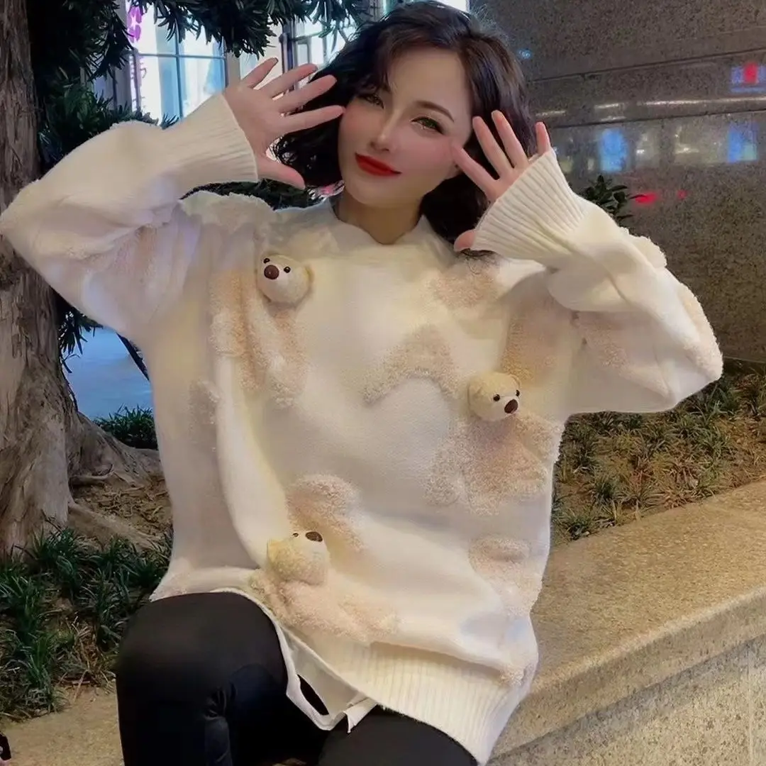 Осень-зима новая мода свитер с милым медведем женские повседневные свободные