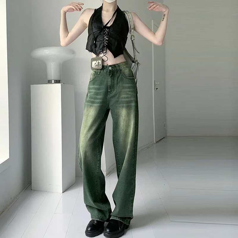 

2022 Women's jeans green wide legged jeans new washed jeans Loose Jeans Straight Leg wide legged pants mop pants Y2K jeans