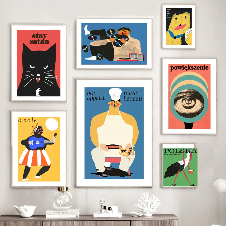 

Винтажный Забавный польский постер с черной кошкой и принтом, Настенная картина на холсте, Скандинавская иллюстрация, настенные картины дл...