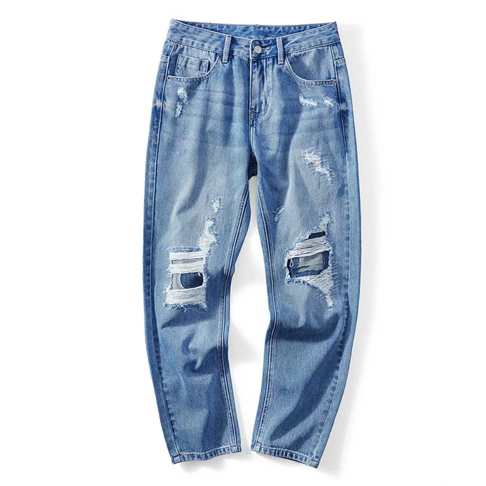 Spring  Autumn Ripped Jeans Men's Washed Straight Cotton Trousers Youth Trend Denim Pants Streetwear Beggar Pants Clothing