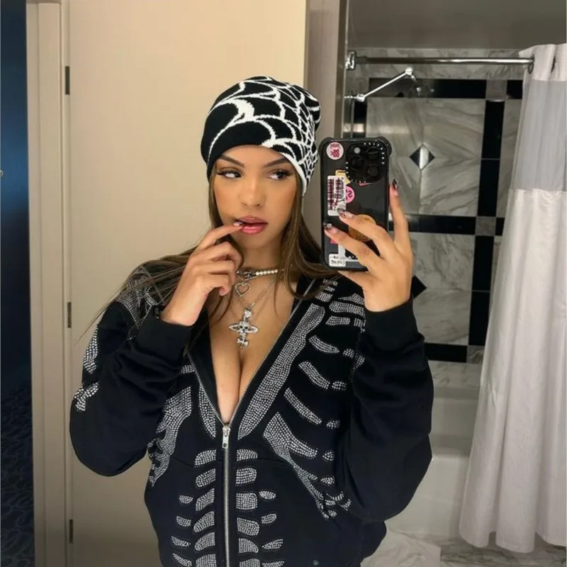 Cap Knitted Pullover Wool Hat Caps Spider Web Printed Warm Hat Hip-hop Fashion Street Punk Winter Knitted Cap Y2K Gothic Unisex 2 Cap Knitted Pullover Wool Hat Caps Spider Web Printed Warm Hat Hip-hop Fashion Street Punk Winter Knitted Cap Y2K Gothic Unisex 2