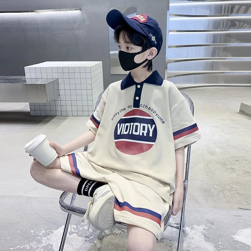 

And Letter Shorts Set T-shirts Short Print Pant Clothes Turn-down Collar Summer Sets Tops Outfits Boy Sleeve Teenage With Kid