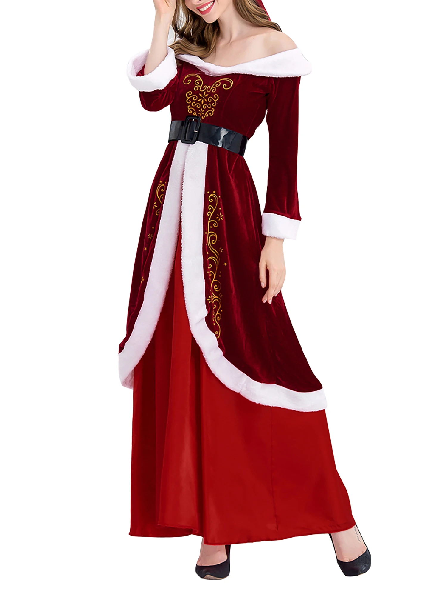 

Women Fur Maxi Dresses Christmas Long Sleeve Dress Off-Shoulder Winter Femme Vestidos Knitted Lady Sexy V-Neck Costume Pullover