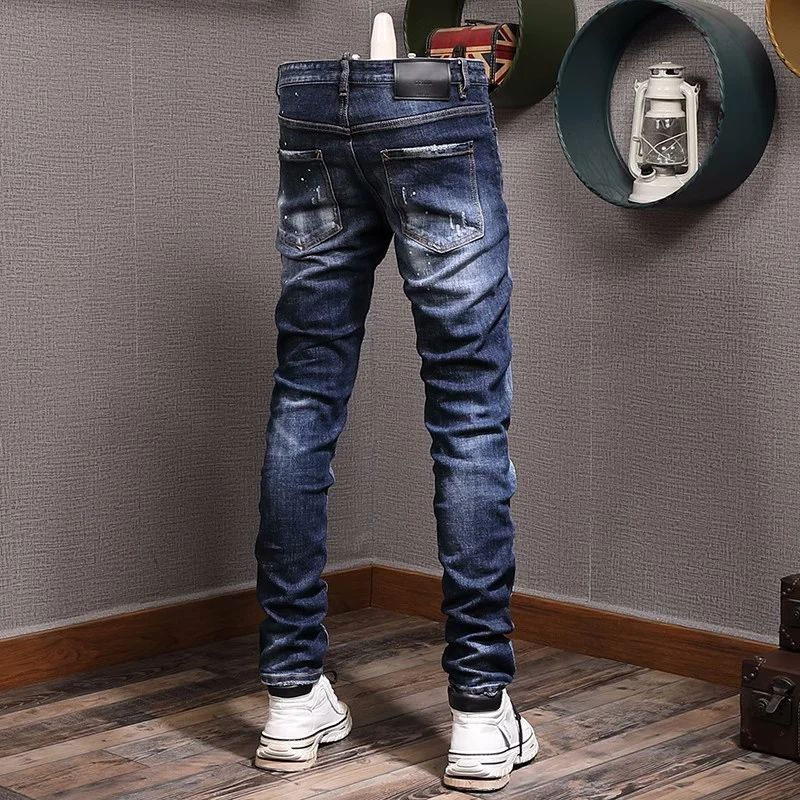 Street Fashion Men Jeans High Quality Retro Blue Elastic Slim Fit Painted Ripped Jeans Men Printed Designer Hip Hop Brand Pants