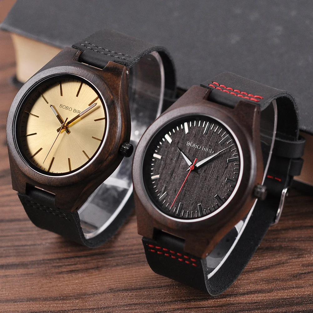 

BOBO BIRD Men's Watch Ebony Quartz Man Wrist watch For Men Leather Strap Male Watches Wooden Box Relogio Masculino Timepieces