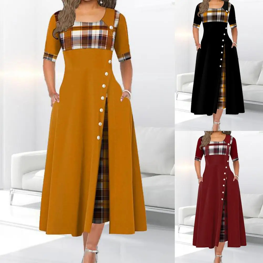 

Patchwork Plaid Print Summer Dress Fashion Polyester Ladies Beautiful Women Dress Elegant Ankle-Length Party Dress for Travel