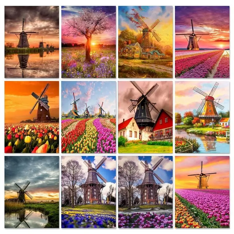 

GATYZTORY 5D DIY Frame Diamond Painting Kit Windmill Embroidery Cross Stitch Landscape Mosaic Picture Of Rhinestones Home Decor