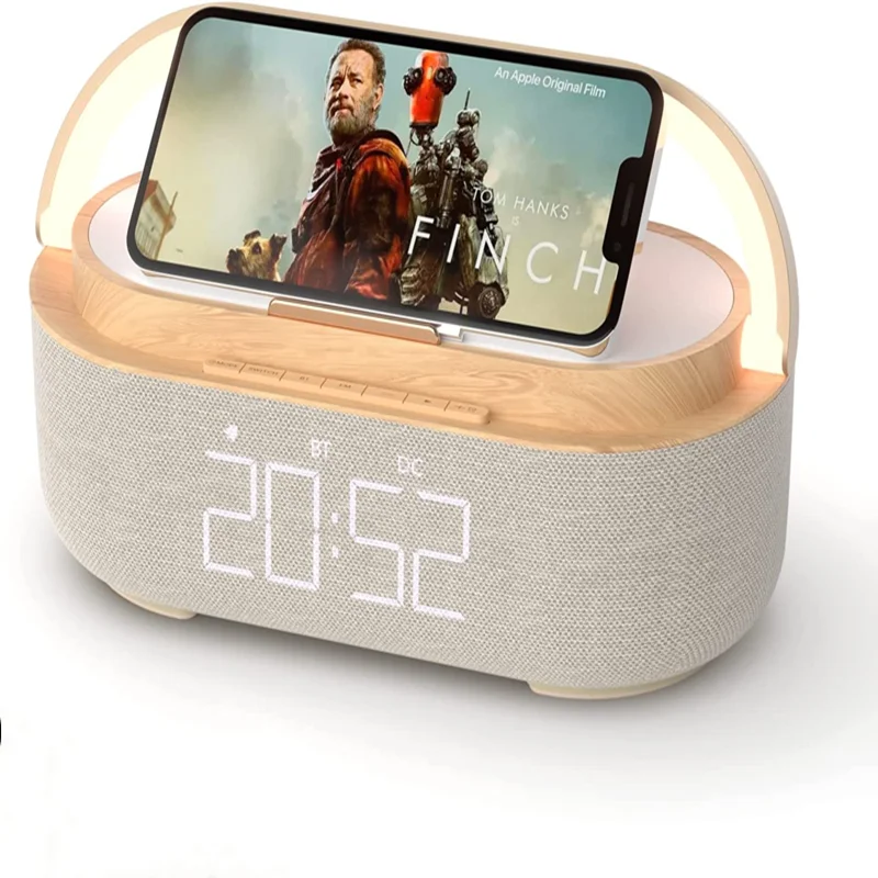 

New multi-function bluetooth speaker, audio desk lamp living room clock alarm clock radio, mobile phone holder wireless charging