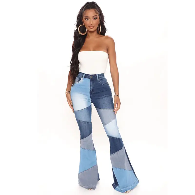 

2022 new European and American retro high street large size stitching jeans women Y2K design fashion wide leg denim flared pants