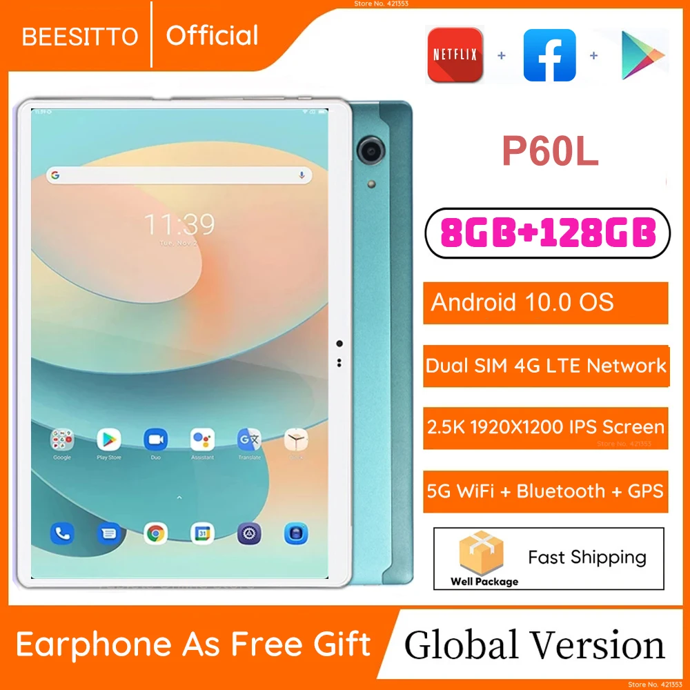 Newest P60L 10 inch 1920x1200 IPS Tablet PC Android 10.0 SIM 4G LTE 8GB RAM 128GB ROM 5G WiFi Bluetooth Android 10.1