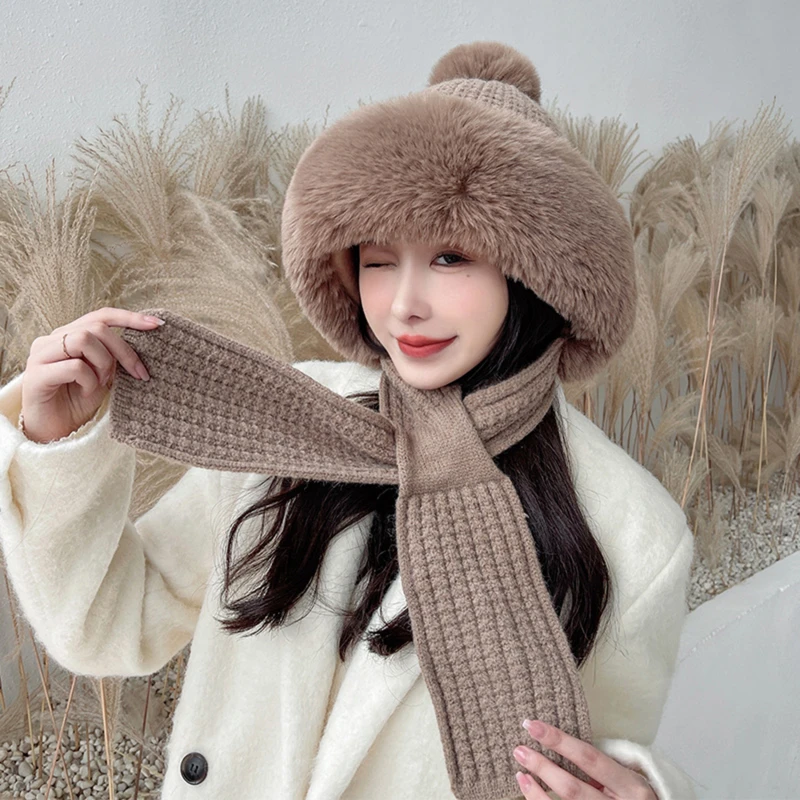 

Женская зимняя теплая мягкая плюшевая шапка с капюшоном из искусственного меха комплект высокого качества шапка шарфы шарф хороший подарок для женщины девочки