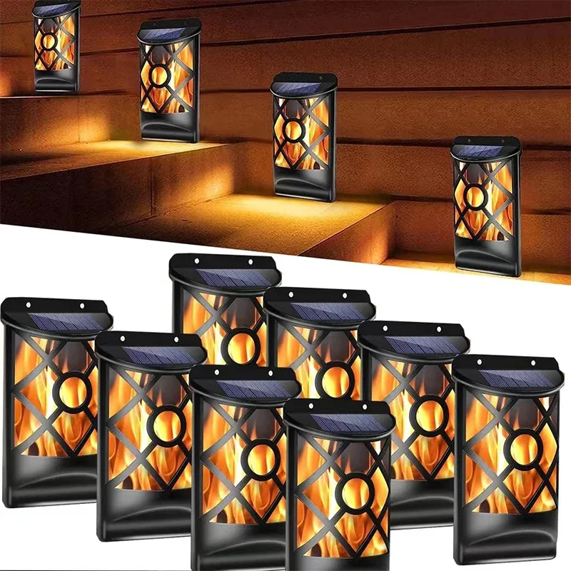 

96LED Solar Flame Lights Outdoor, Lattice Design for Garden Pathway Yard Christmas Decor Waterproof Flickering Flame Wall Lights
