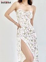 instahot floral spaghetti strap maxi dress women summer sleeveless backless robe sexy side split chic mid calf aesthetic dresses