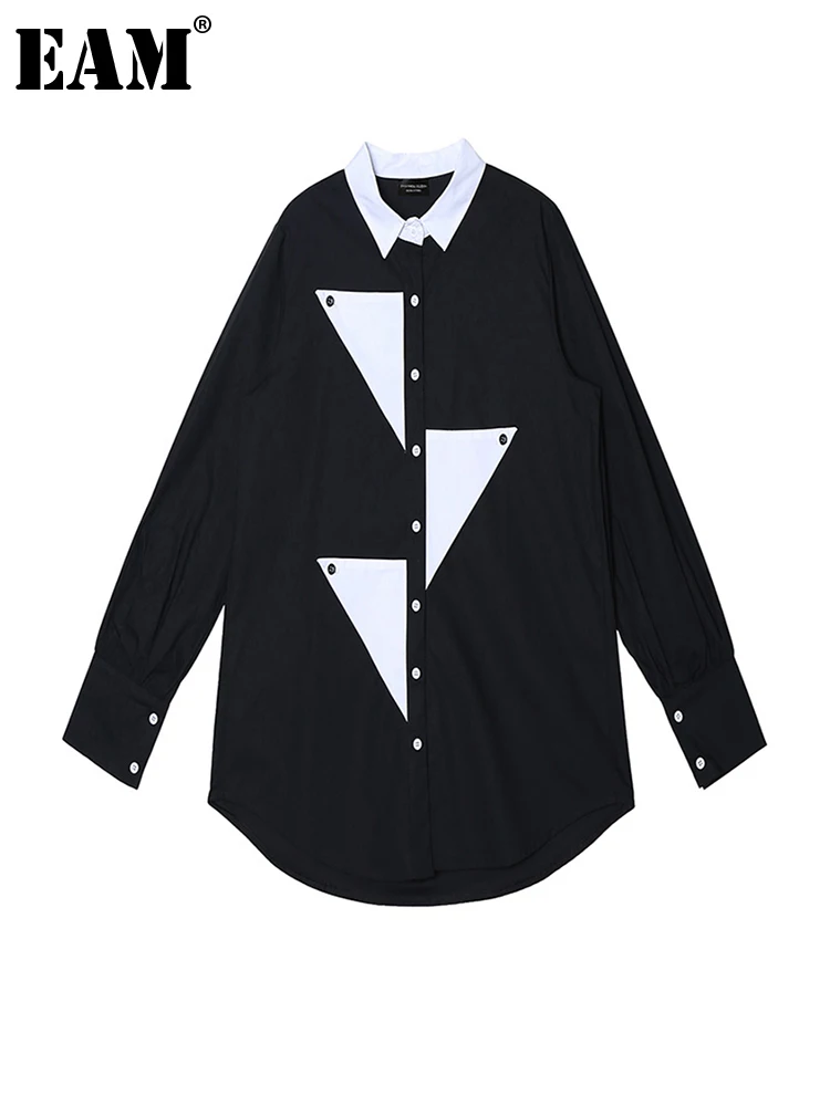 

[EAM] Women White Color-block Big Size Blouse New Lapel Long Sleeve Loose Fit Shirt Fashion Tide Spring Autumn 2022 1DE6923