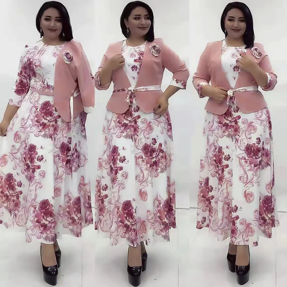 

2 Pieces Muslim Sets Eid Abaya Dubai Print Long Dress Coat Suits Women African Clothing Vestido Robe Musulmane Longue Femme 3XL