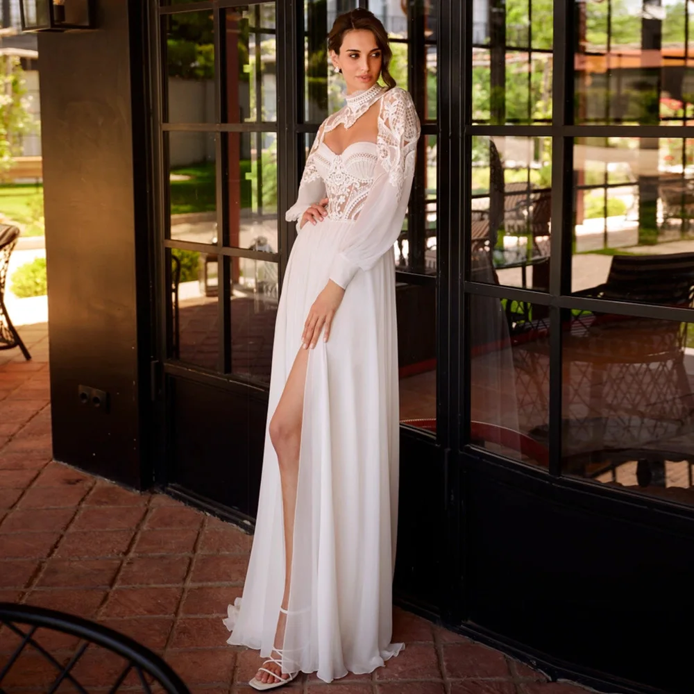 

Женское шифоновое свадебное платье It's yiiya, белое элегантное платье-трапеция с длинными рукавами и высоким воротом на лето 2022