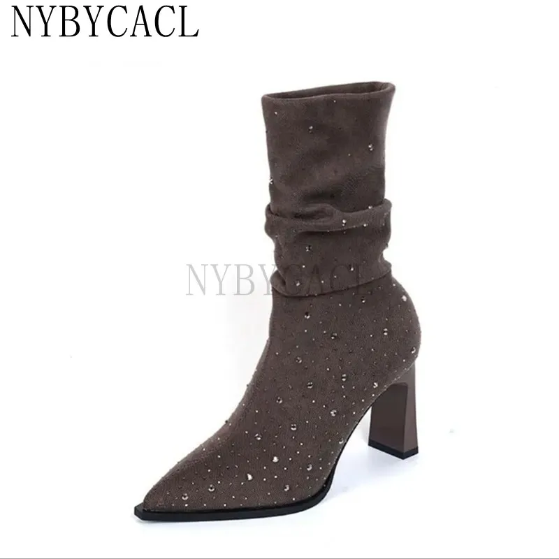 

Autumn Winter New Zapato De Short Boots Slim Sexy Pointed High Heels Suede Shiny Rhinestone Fashion Boots Women's Boots New 2023