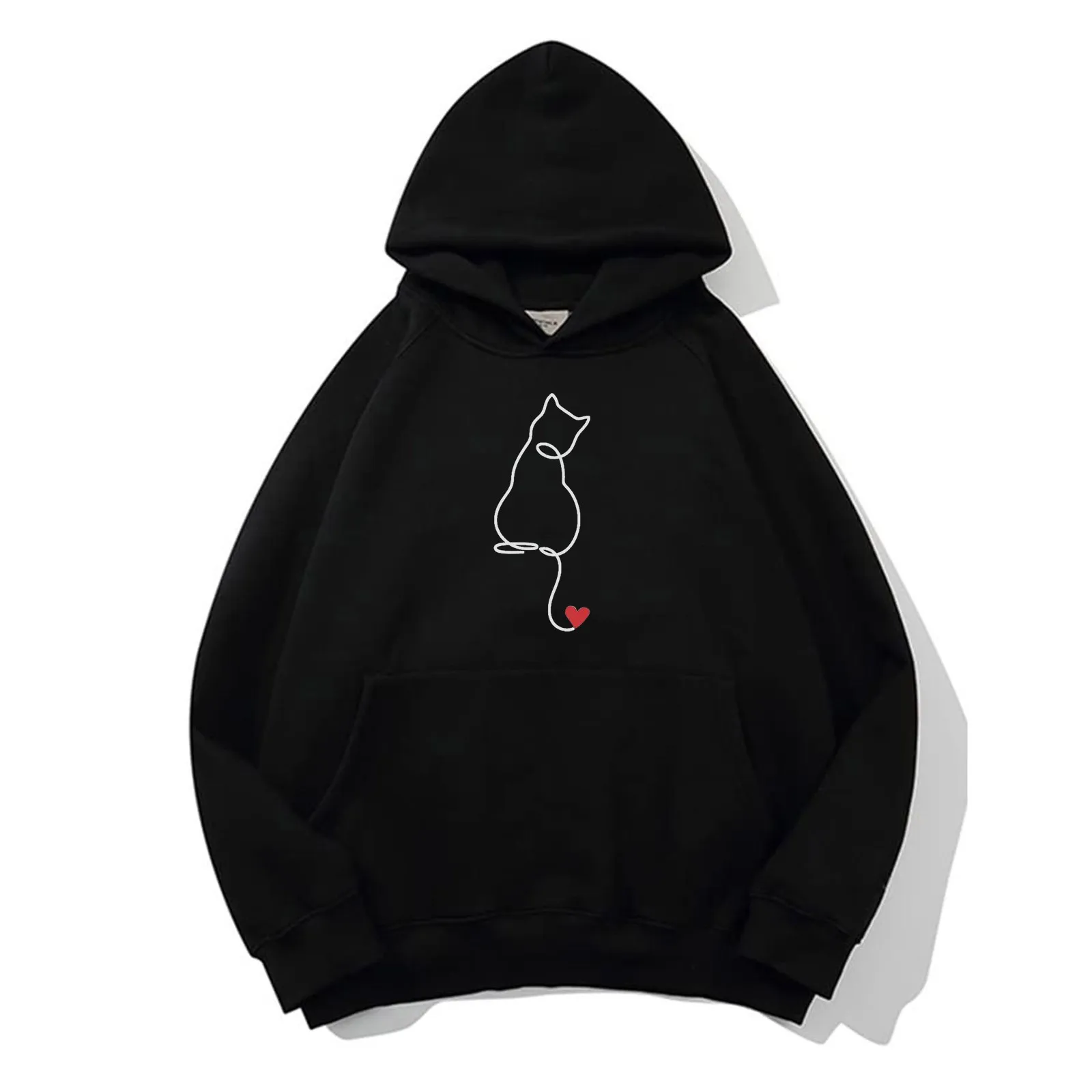 

Women Cat Graphic Hoodie Fleece Solid Color Sweatshirt Basic Loose Hoodie Long Sleeve Pocket Casual Pullovers Sudadera Mujer