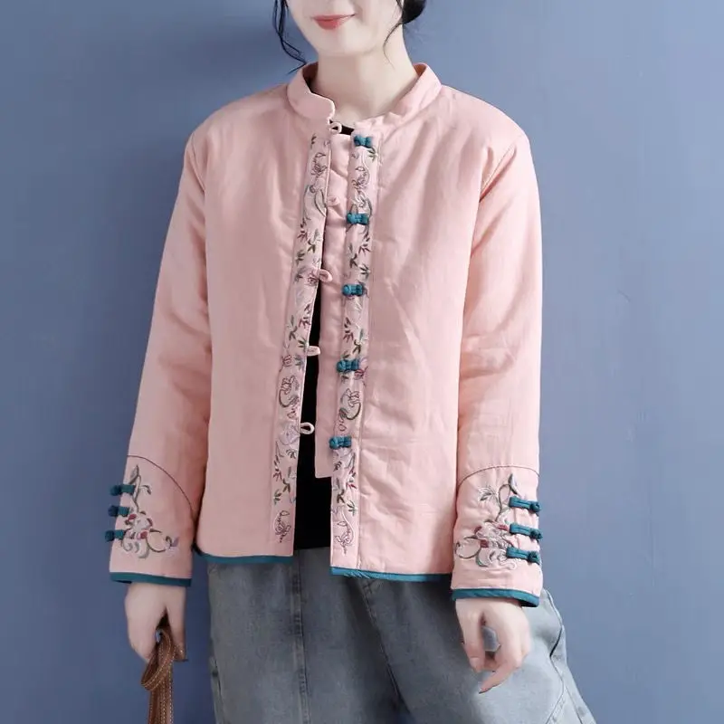Winter Jacket Women Cotton Clothing Women's Retro Cotton and Linen Embroidered Disc Buckle Stand Collar Chinese Thermal Coat