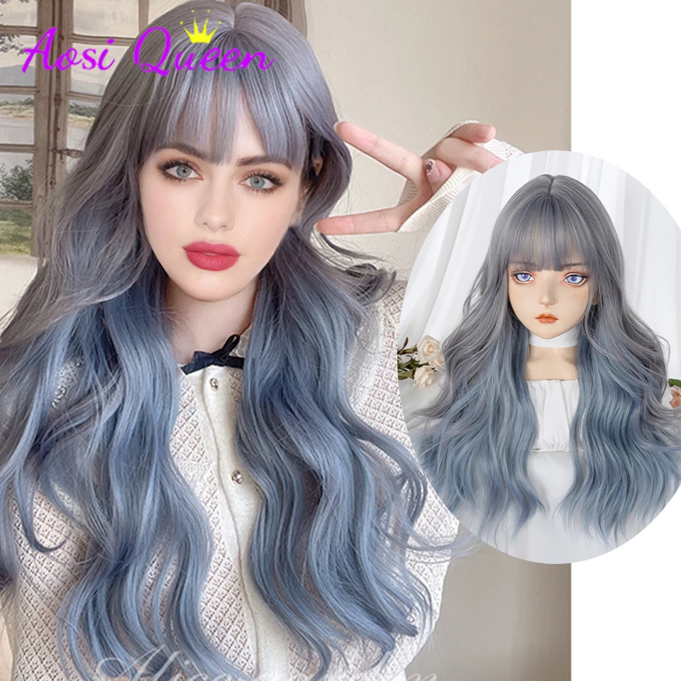 

AS Long Wavy Black grey blue Synthetic Wig Ombre Blonde Wig With Fluffy Bang Women Natural Heat Resistant Fiber Hair Wig