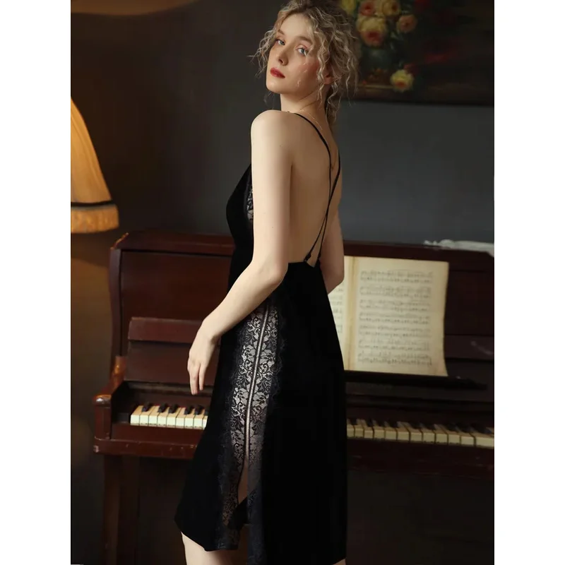 Сексуальная ночная рубашка женская одежда для сна осень/зима золотистая