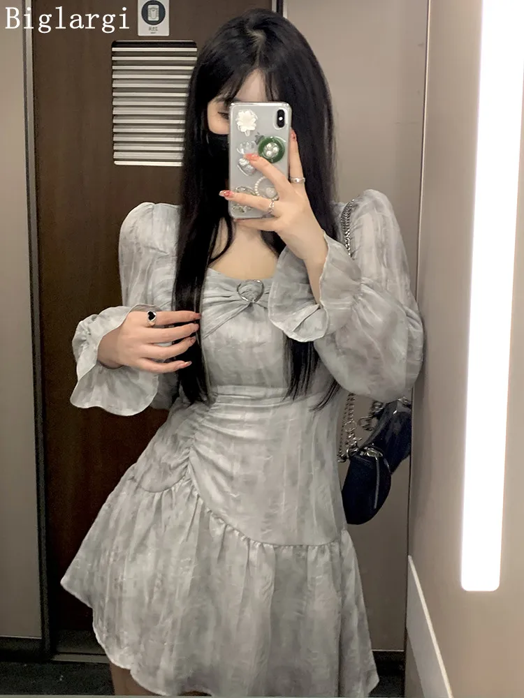 

Summer Pleated Dress Women Sexy Square Neck Ladies Dresses Fashion Mini Vintage Autumn Elegant Chiffon Lace Dress Women 2022
