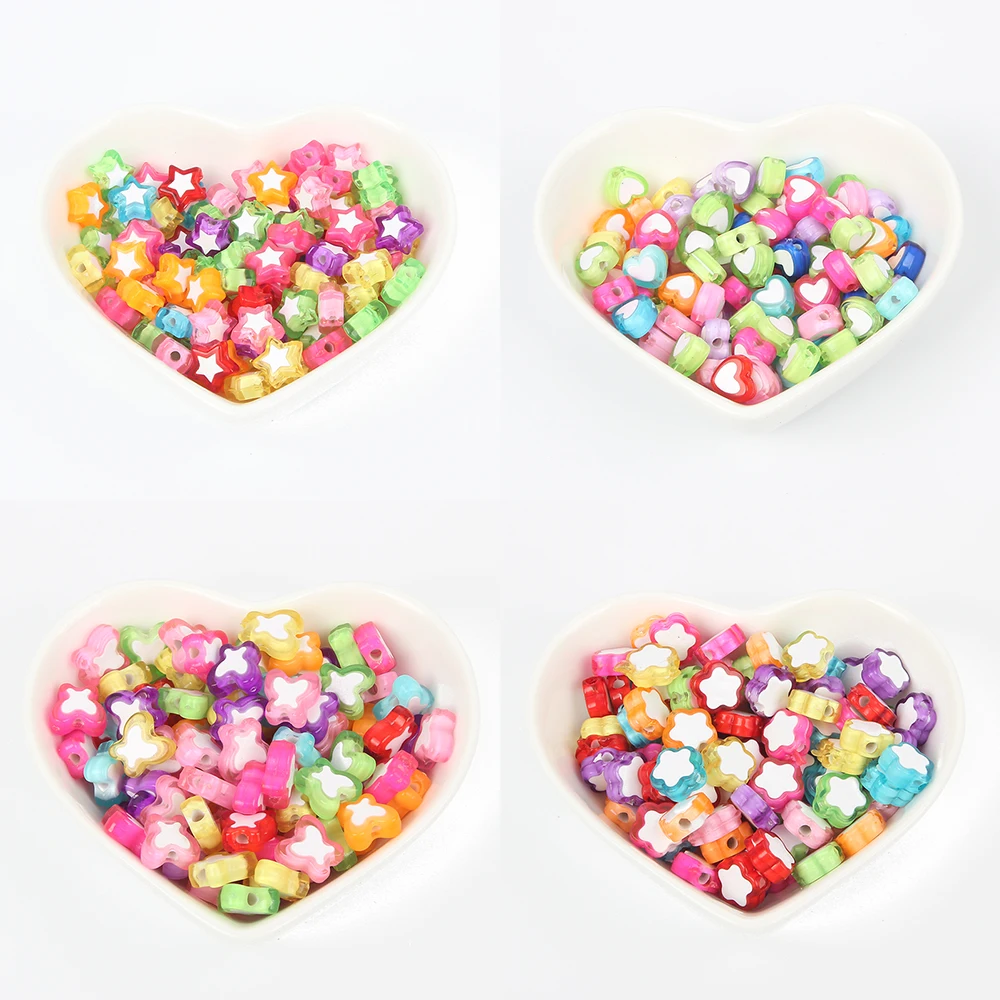 

50pcs 8X8 10X10mm Acrylic Beads Heart Pentagram Butterfly Flower Mixed Bead DIY for Jewelry Making Necklace Bracelet Accessories