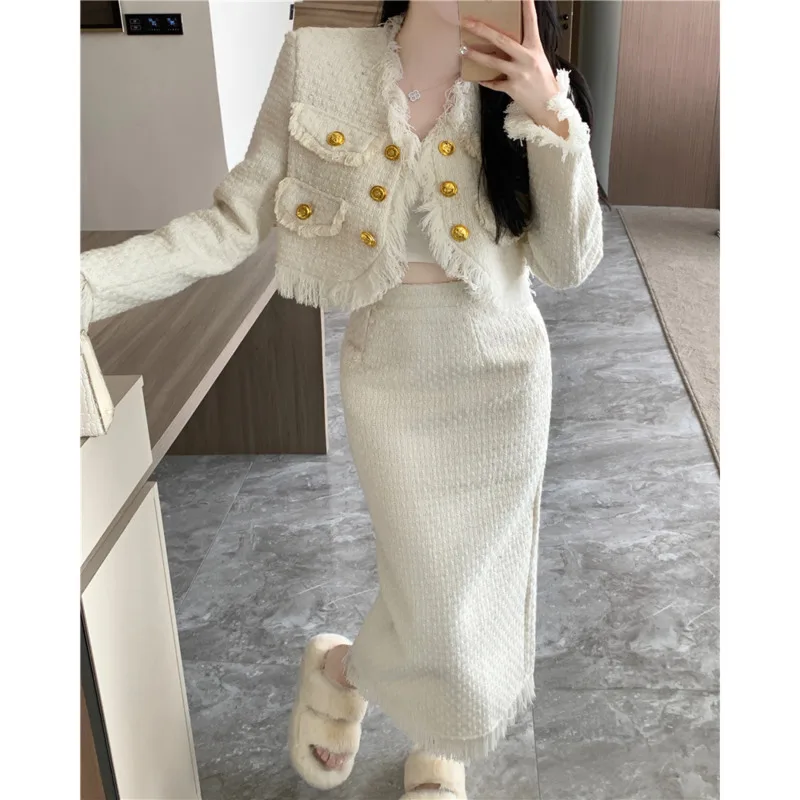 

Женский комплект из двух предметов, длинная юбка и жакет в стиле знаменитостей во французском стиле, Модный облегающий короткий пиджак с бахромой, плотные костюмы, осень 2023