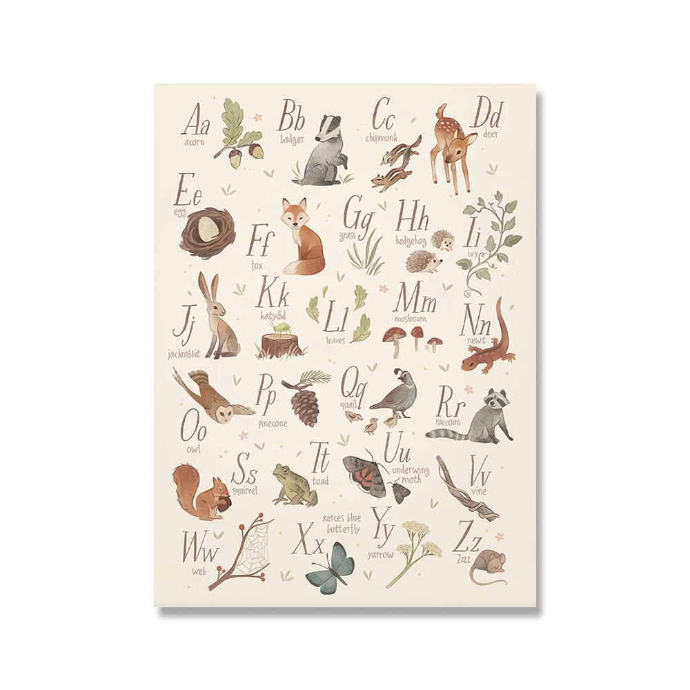 

Алфавит, цифры, искусство животных, Детский развивающий принт, Картина на холсте, лесные настенные картины, детская комната, домашний декор