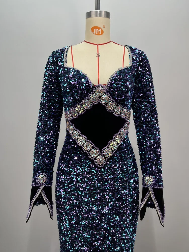 Новинка 2024 женское сексуальное платье макси с длинным рукавом и бриллиантами