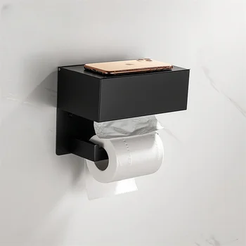 Toilet Paper Holder with Shelf, Matte Black Hidden Wipes Dispenser Fits for Bathroom Storage, Stainless Steel Phone Holder