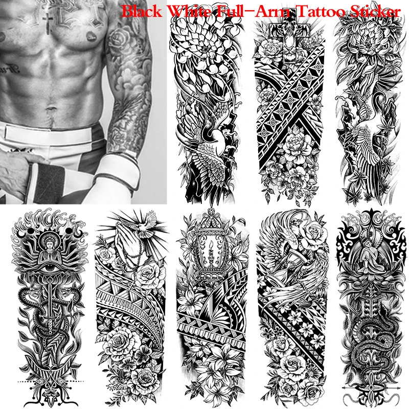 

Водостойкая Временная тату-наклейка на всю руку, стойкая черная белая татуировка