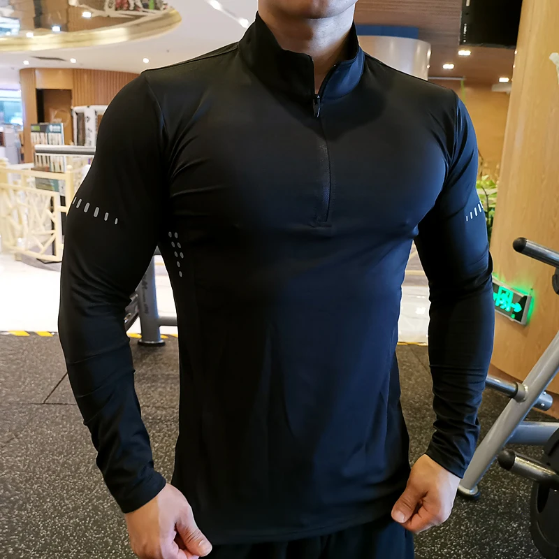 Men's Fitness Sports T-shirt Running Long Sleeve Tops Zip Up Man Compression Bodybuilding Gym Sweatshirts Quick Dry Cycling Tees