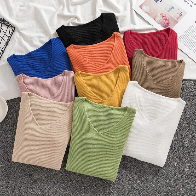

Spring Sweater Women's Pullover Stretch Knit Pullover Long Sleeve V-Neck Autumn Basic Women's Top Knitwear