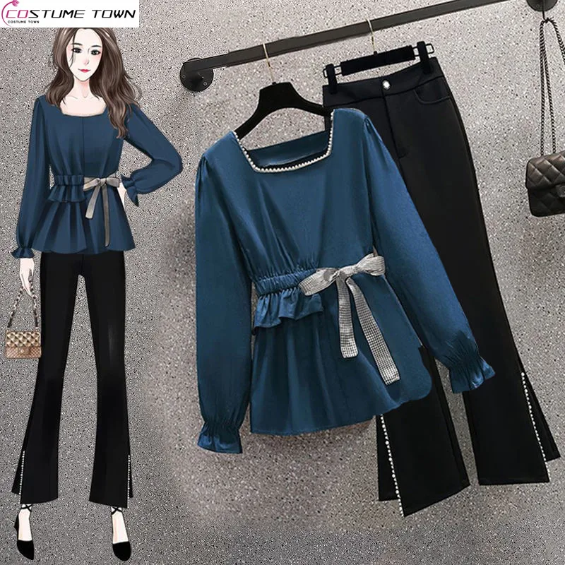 

2023 Spring and Autumn New Large Women's Dress French Square Neck Temperament Shirt Women's Waist Slim Two-Piece Set