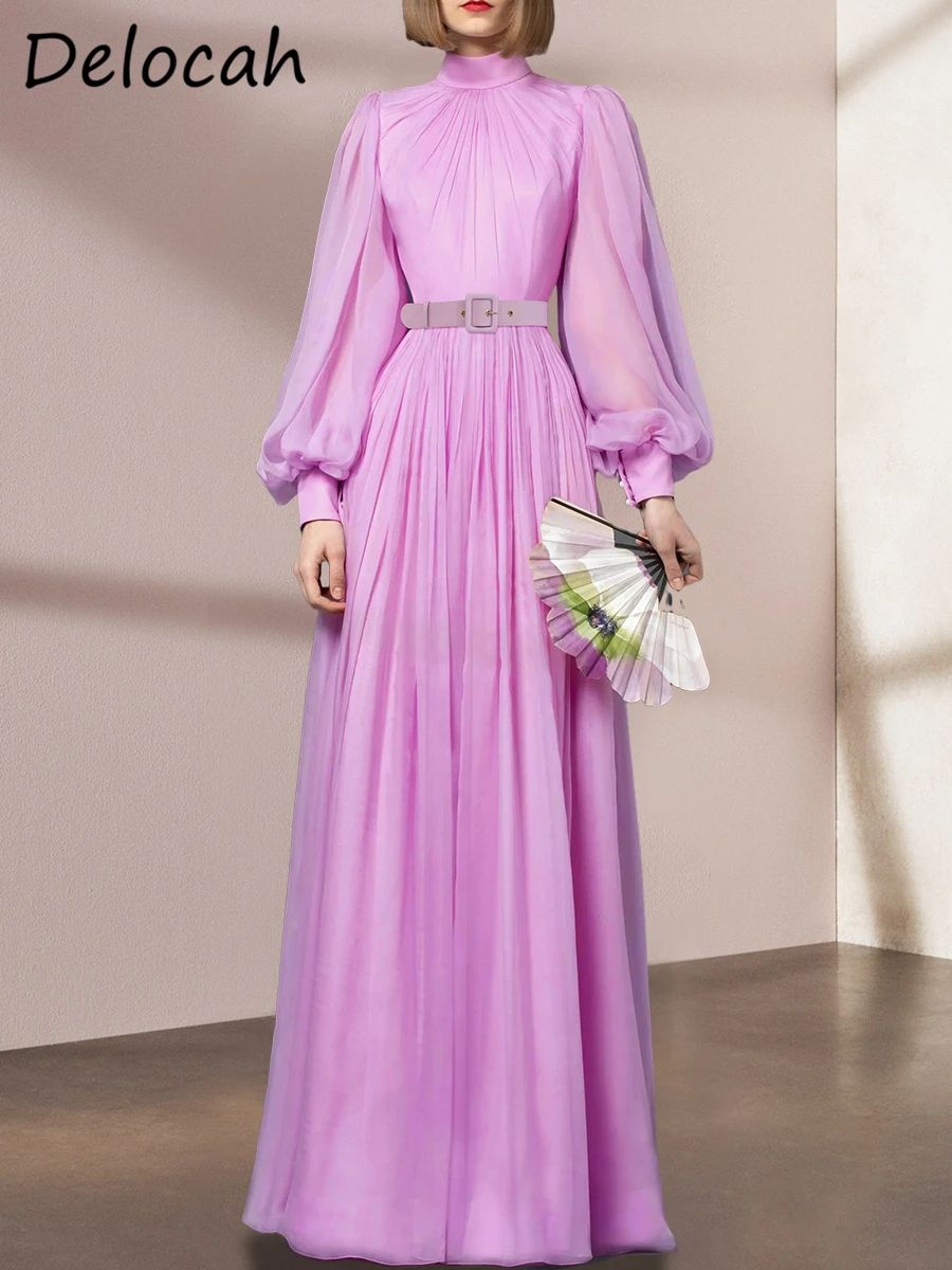 Delocah High Quality Spring Women Fashion Designer Holiday Maxi Dress Lantern Long Sleeve With Belt Purple Print Holiday Dresses