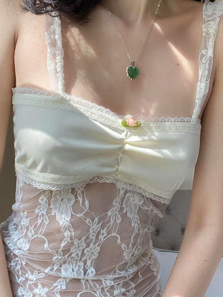 

Y2K Cute Floral Crop Tops Harajuku Kwaii Lace Trim Basic Camis Pastel Gothic Sweet Bows Tight Crop Tops Women Coquette Aesthetic