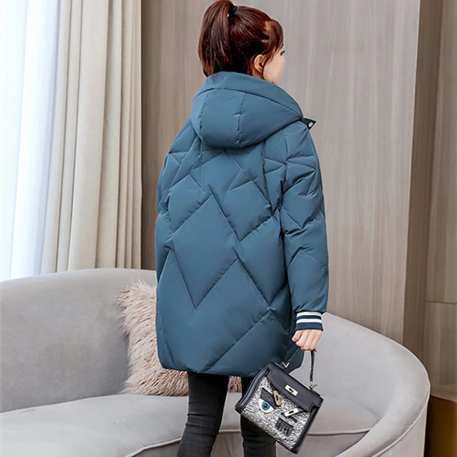 Winter Loose Hooded Cotton Padded Mid-length Coat Women Warm Thick Outwear Top Korean Students Parkas Snow Wear Overcoat Jackets