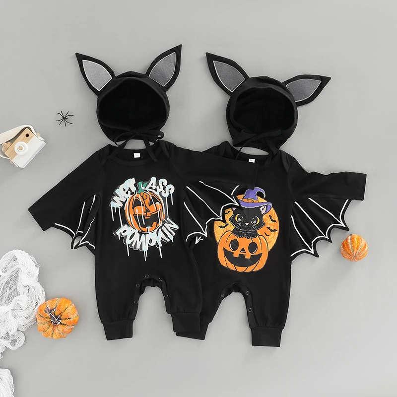 

Halloween Baby Boy Jumpsuit Set Casual Pumpkin Print Toddler Bat Long Sleeve Rompers and Hat For Infant 0-18M