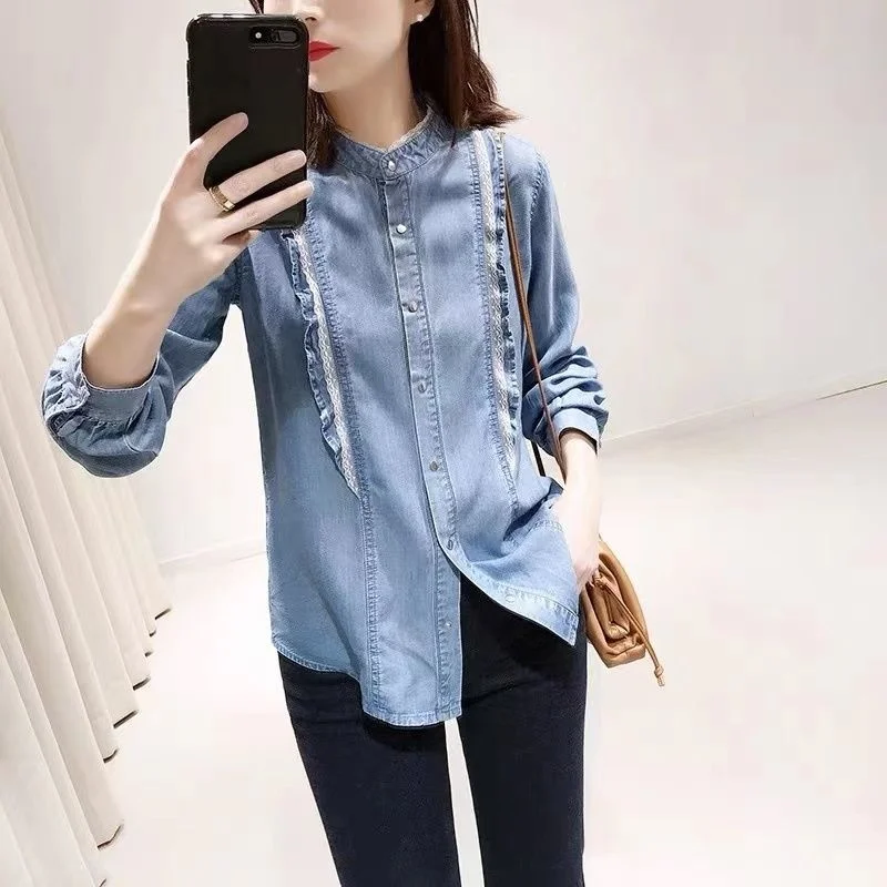 

2022 Korean autumn new versatile shirt temperament aging lace collar loose slim casual denim shirt women