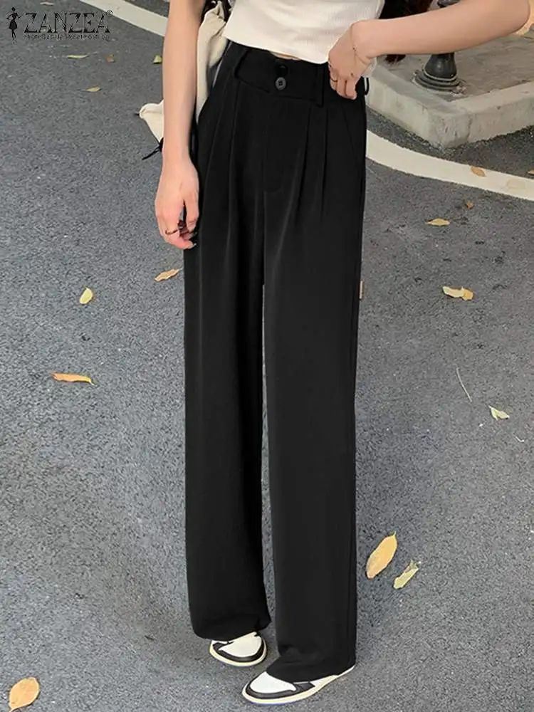 

Oversized Women Autumn Trousers ZANZEA 2022 Fashion Wide Leg Pants Casual High Waist Long Pantalon Palazzo Holiday Turnip