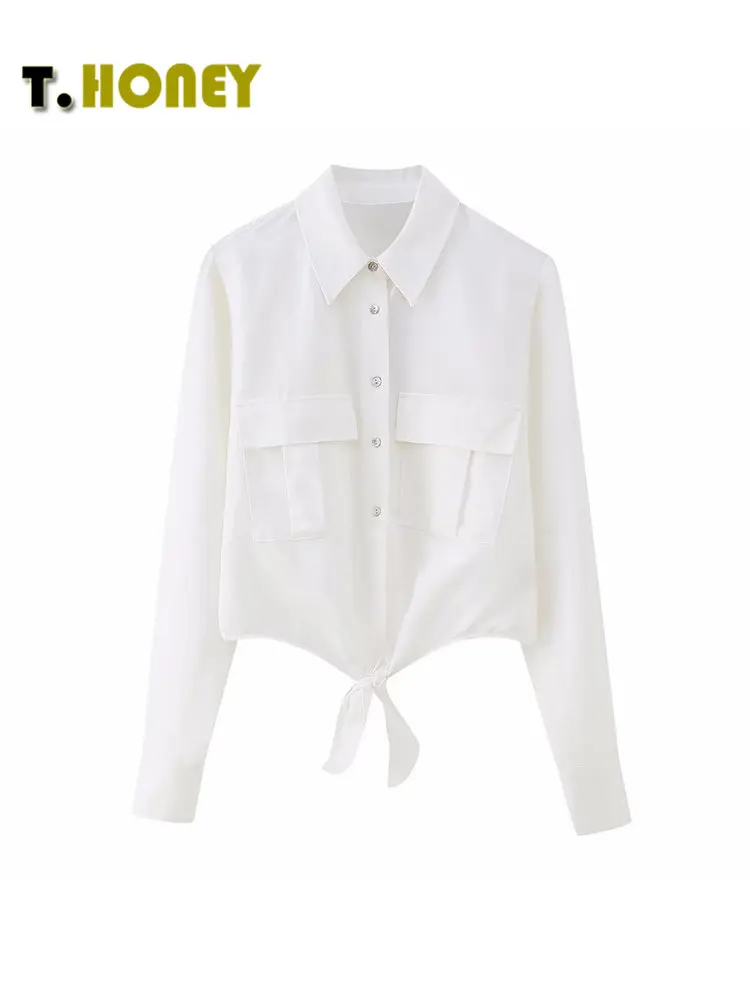 

TELLHONEY Women Fashion Lapel Collar Single Breasted Hem Knotted Blouses Female Casual Long Sleeves With Pockets Solid Shirt