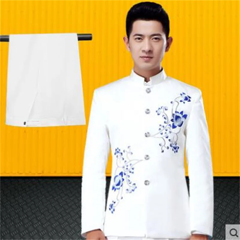 Blazer men groom suit set with pants mens Chinese tunic suit singer star style stage embroidery clothing stand collar white b595