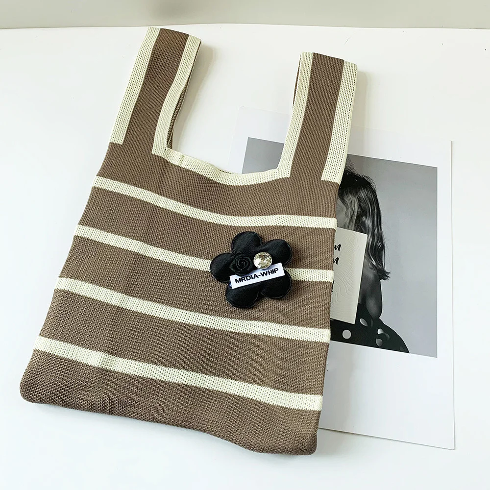 

1Pc Handmade Knit Handbag Women Mini Knot Wrist-bag Female Casual Color Wide Stripe Plaid Tote Bag Student Reusable Shopping Bag