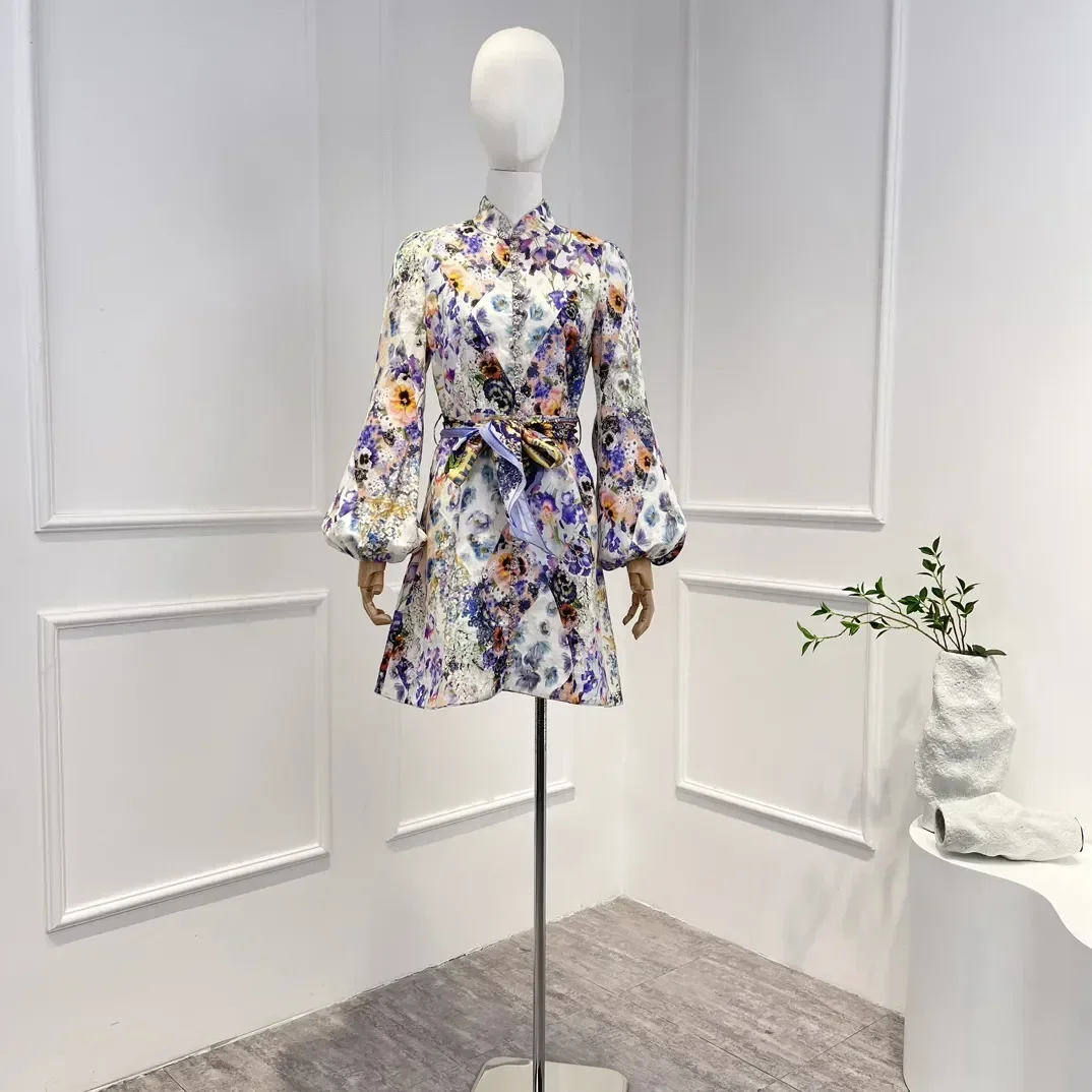 

2023 Top Quality Purple Red Floral Printing Mini Dress with Fabric Belt for Women