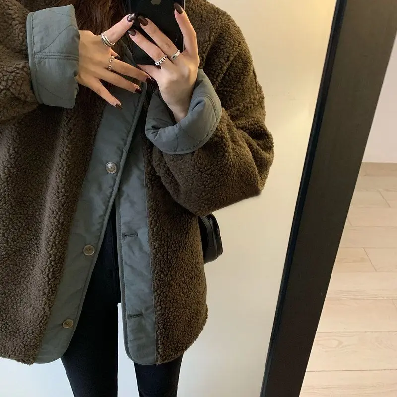 O-neck Stitching Lamb Wool Cotton Coat Women Autumn Winter Cotton Coat Coat Fashion Reversible Casual Top